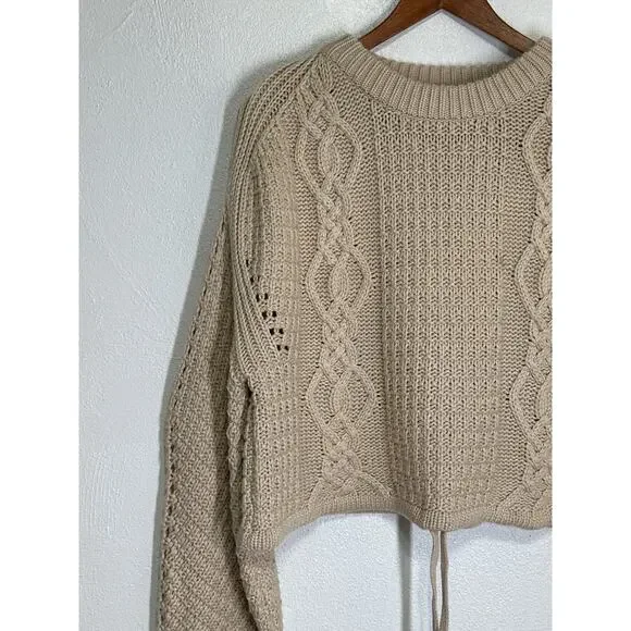 Gianni Bini Oversized Crop Chunky Cable Knit Fishermen Sweater M Cream Designer - Picture 3 of 13